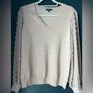 Adrianna Papell Pink V-Neck Sweater with Sheer Sleeves